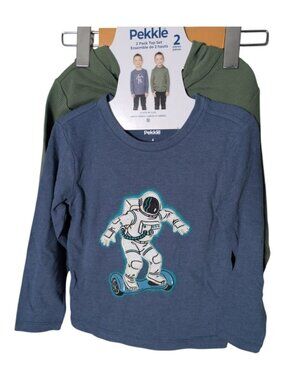 NWT Pekkle Kids' 2-pack Long Sleeve Tops Astronaut Ribbed Hooded Henley Sz 4&7